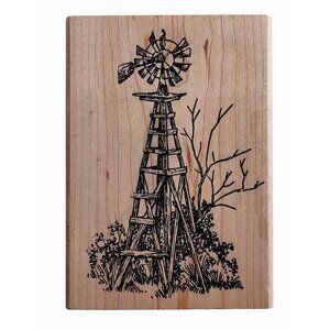 B & Js Art Stamps Large Wooden Rubber Stamp Windmill Design By Judy Duke